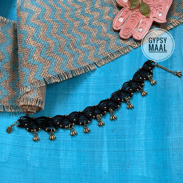 Black Macrame & Brass Droplets Anklet